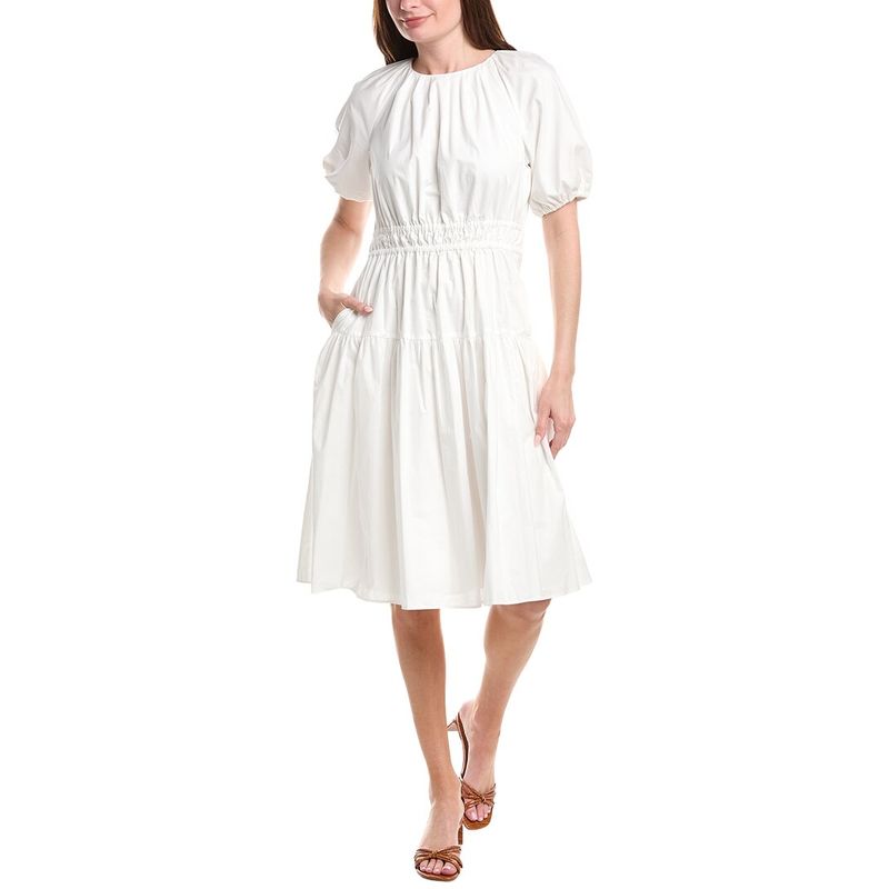 Brooks Brothers Womens Poplin Smocked Puff Sleeve Dress, White